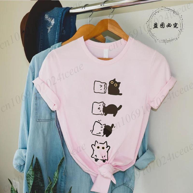 Boo Black Cat Print Women Tshirt Fashion Summer Tee Clothing Short Sleeve Harajuku Streetwear Casual Shirt Halloween Tee Tops