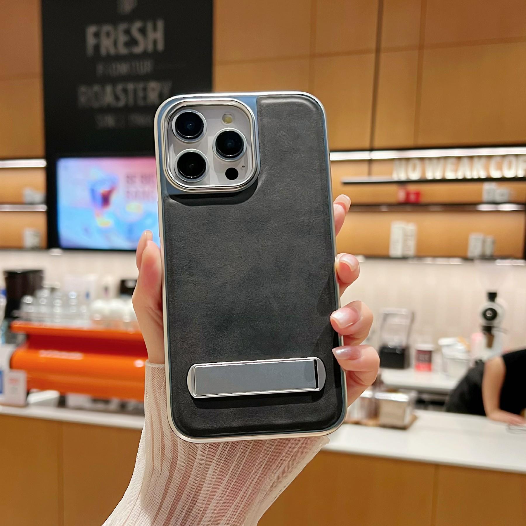 

For iPhone 15 Pro Max Case with Hidden Kickstand Leather + PC + TPU Matte Electroplated Phone Cover