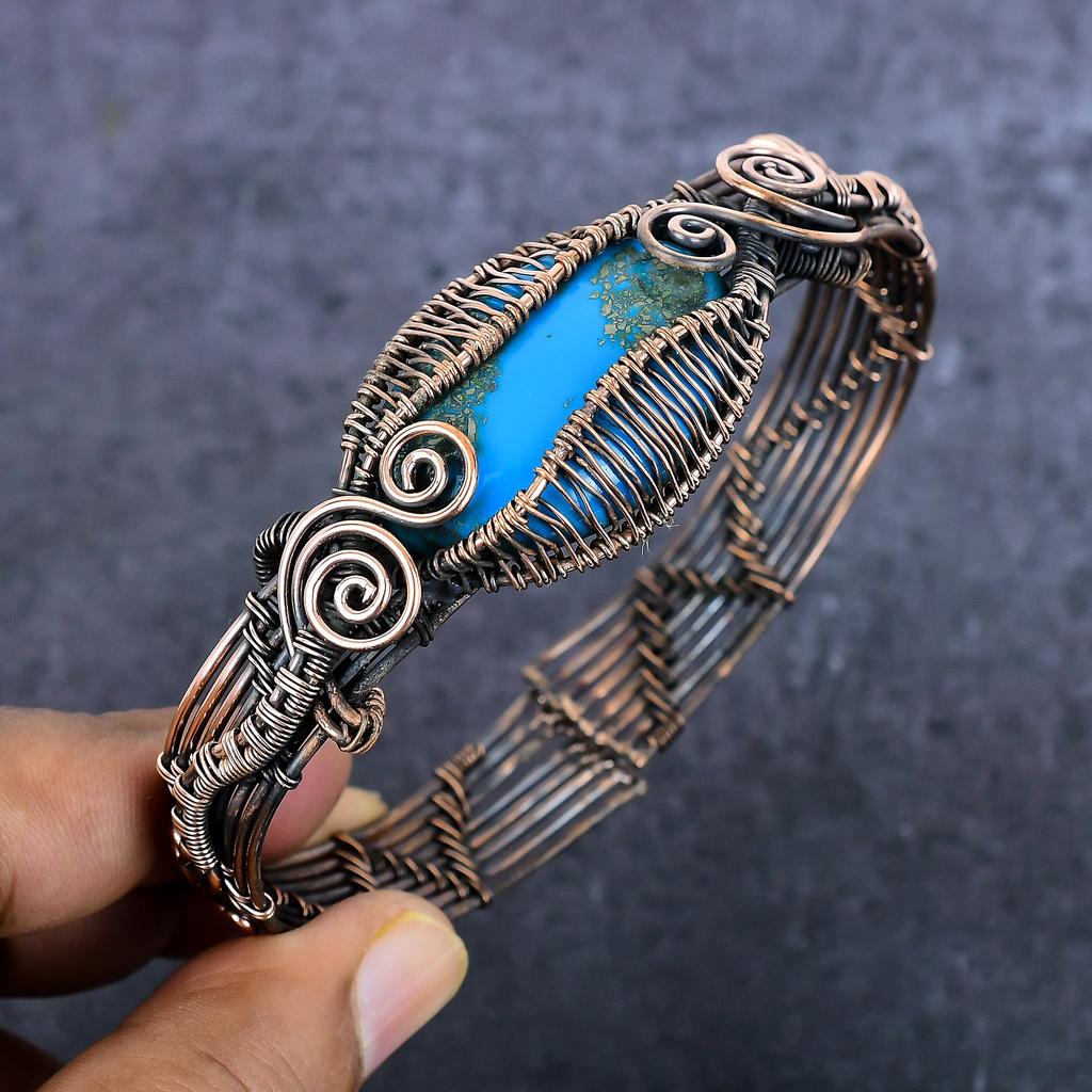 Natürlicher Arizona Türkis Edelstein Kupferdraht Wickel Armreif Verstellbar v0l18