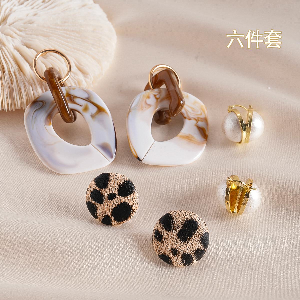 Six-piece acrylic leather imitation pearl round square earrings Bohemian niche earrings