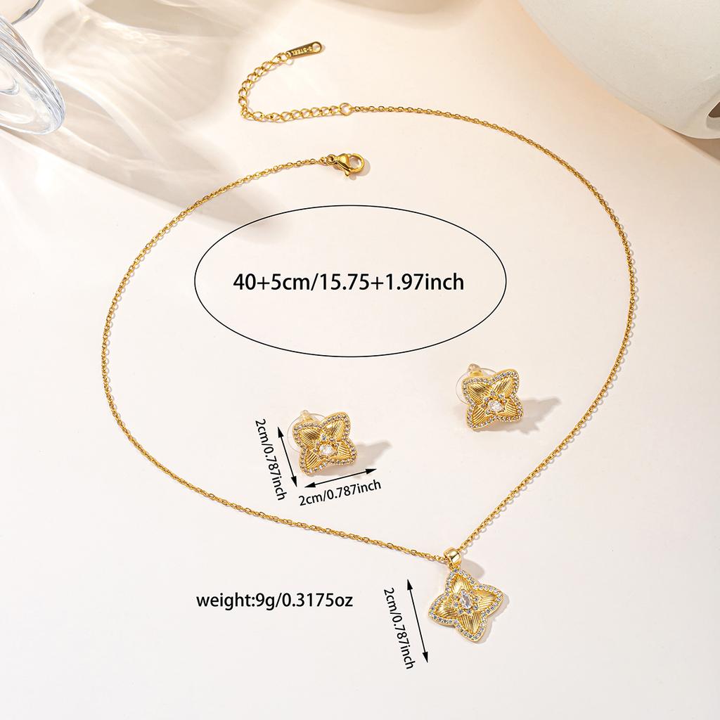 Fashion Four-Petal Flower Jewelry Set Gold Silver Tone Zircon Necklace Earrings for Wedding Party
