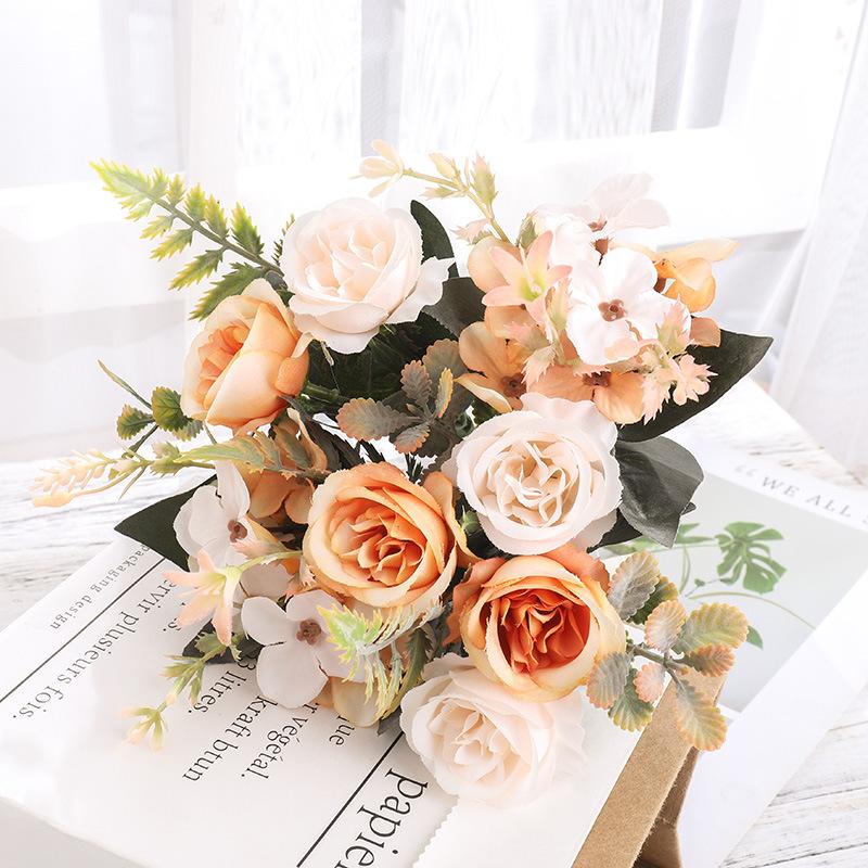 Fake Rose Bouquet Realistic Artificial Silk Roses Wedding Decoration Flowers Colorful Silk Hydrangea Flowers For Home Decoration