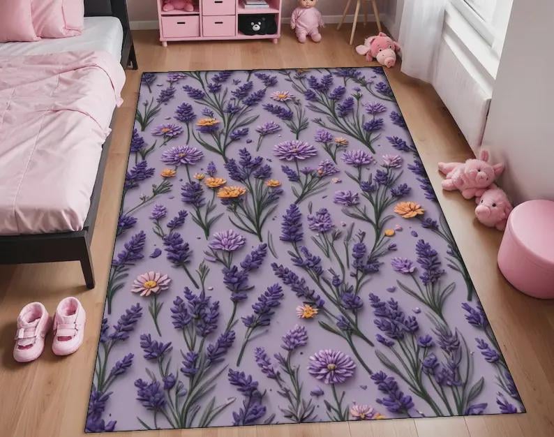 Lavender , Flower Vintage, Purple, Floral Kitchen Decor, Dried Lavender Bouquet Decor, Violet Living Room, Modern Rug