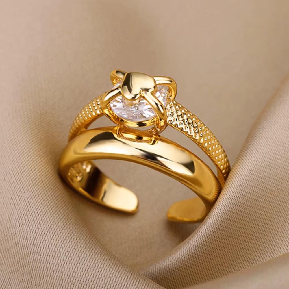18K Gold Plated Open Ring with Zirconia Leaf Design - Luxurious, Non-Fading, Ideal for Women