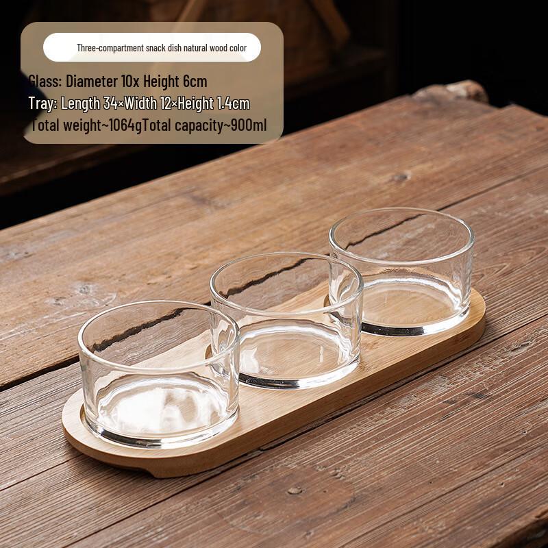 Bamboo Wood Divided Glass Snack and Fruit Plate 1 Set