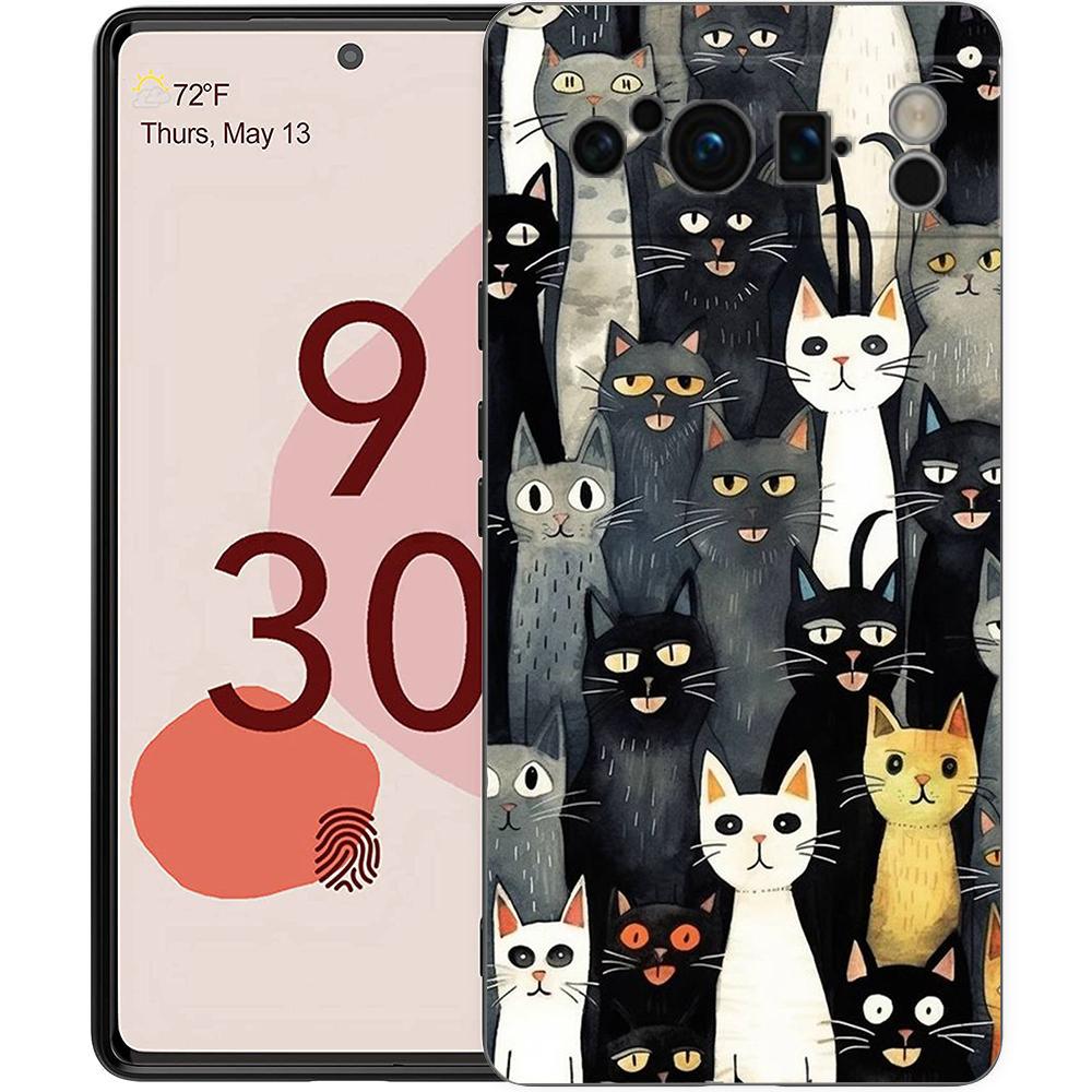 Phone Case For Google Pixel 8 A 7 6 Pro 6A 5G Black Soft Shockproof Back Cover Silicone TPU Shell Coque Cat-Printed