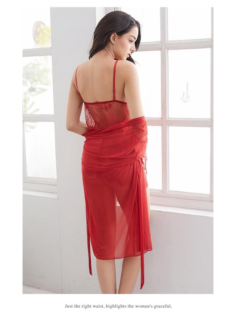 New Elegant European & American Lace Lingerie: Summer Nightgown with Bra Pads - 3-Piece Set