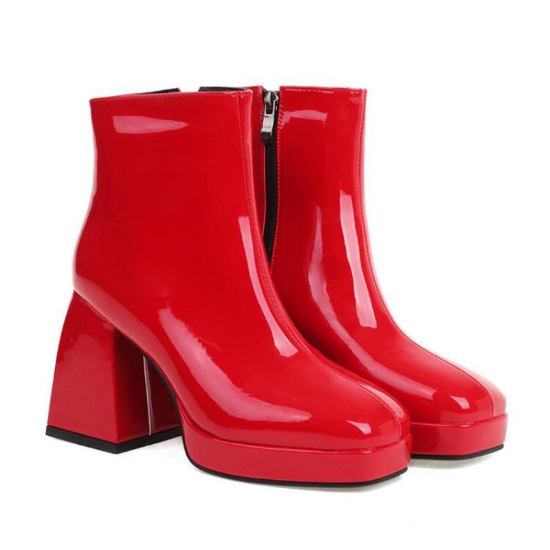 Damen Chunky Heel Quadratische Spitze Kunstleder Stiefeletten Mit Seitenreißverschluss Wasserdichte Plateau Herbst Winter Mode