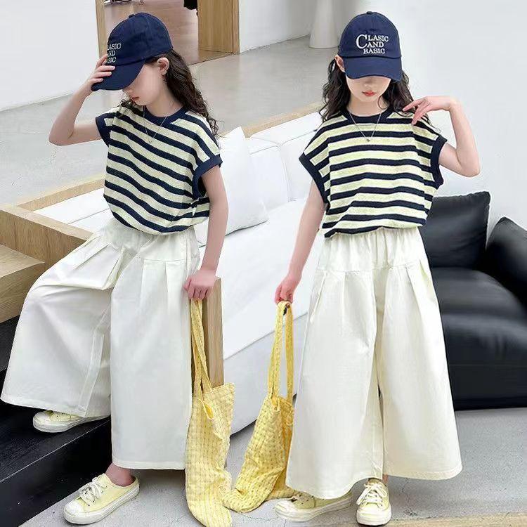 Summer Girls Clothes Child Set Sleeveless Suit Teen Striped T Shirt Crop Top +wide Leg Loose Pants
