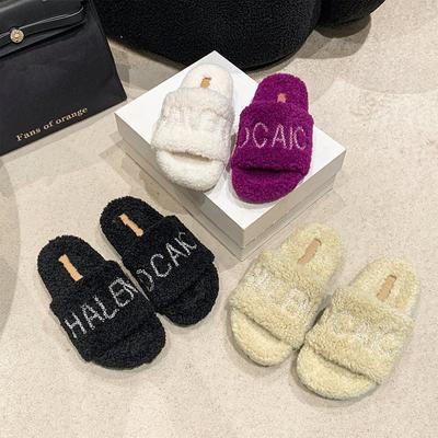 Europese nieuwe lamswollen schoenen strass letter woord sandalen platte schoenen draag warme pantoffels