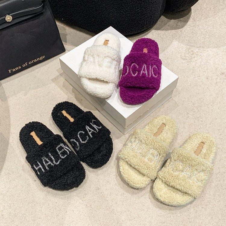 

European new lamb wool shoes rhinestone letter word sandals flat shoes wear warm slippers 41 фуксія