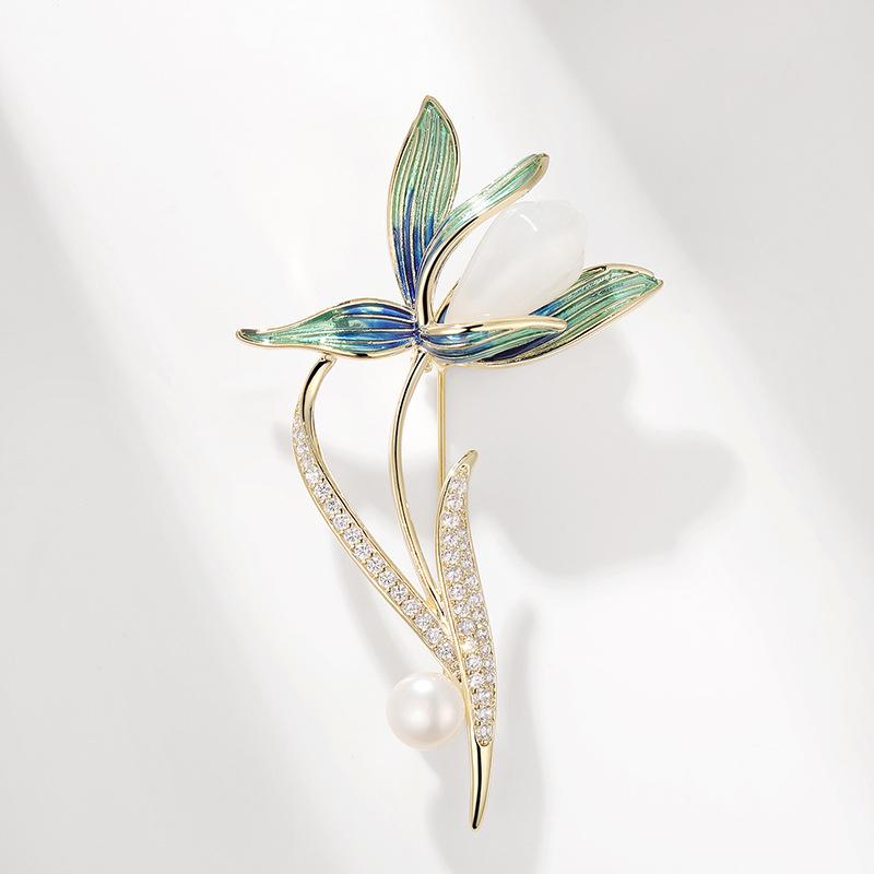 Bo Xin Yun Elegant Magnolia Enamel and Pearl Brooch