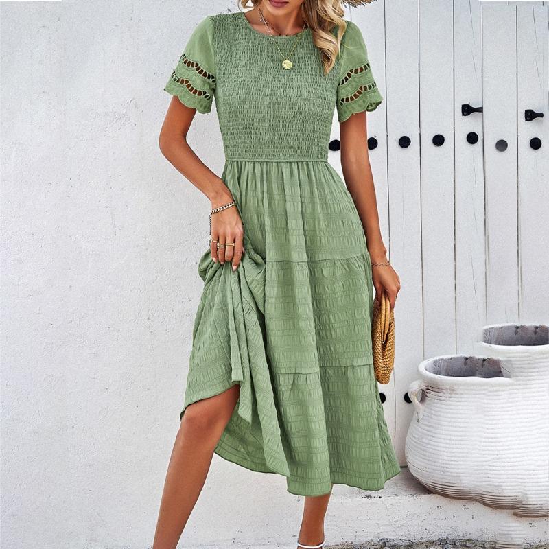 Spring and Summer Solid Color Temperament Hollow Out Dress
