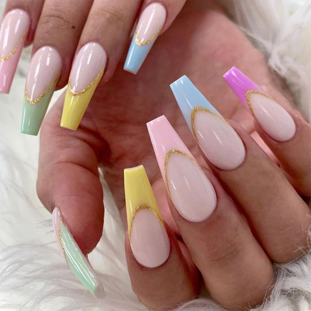 24Pcs Marble Gradient Gold Foil Long Coffin False Nails Full Cover Detachable Press On Nail Tips