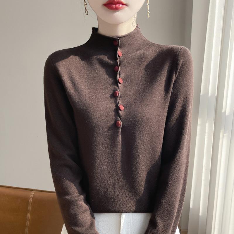 Design Color Button Semi-Turtleneck Sweater Spring New Wool Button Button Loose Knitted Top Bottoming Shirt