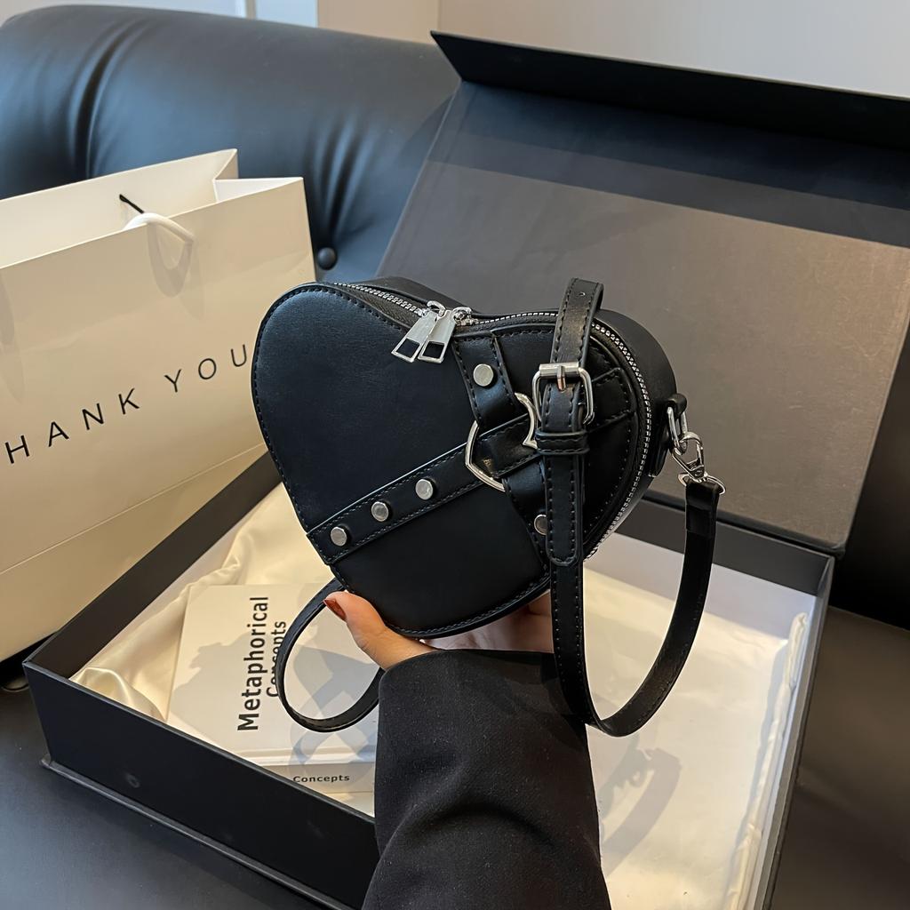 Mini Valentine's Day Heart Shaped Shoulder Bag, Solid Color Zipper Crossbody Wallet For Women, Punk Style Handbag