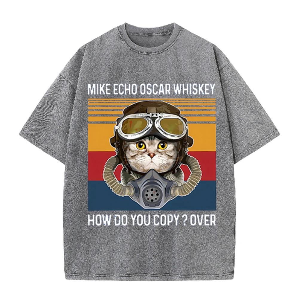 2026 Vintage Pilot Cat Mike Echo Oscar Whiskey Graphic Washed T Shirt Retro Military Style Men Women Oversized Casual Streetwear