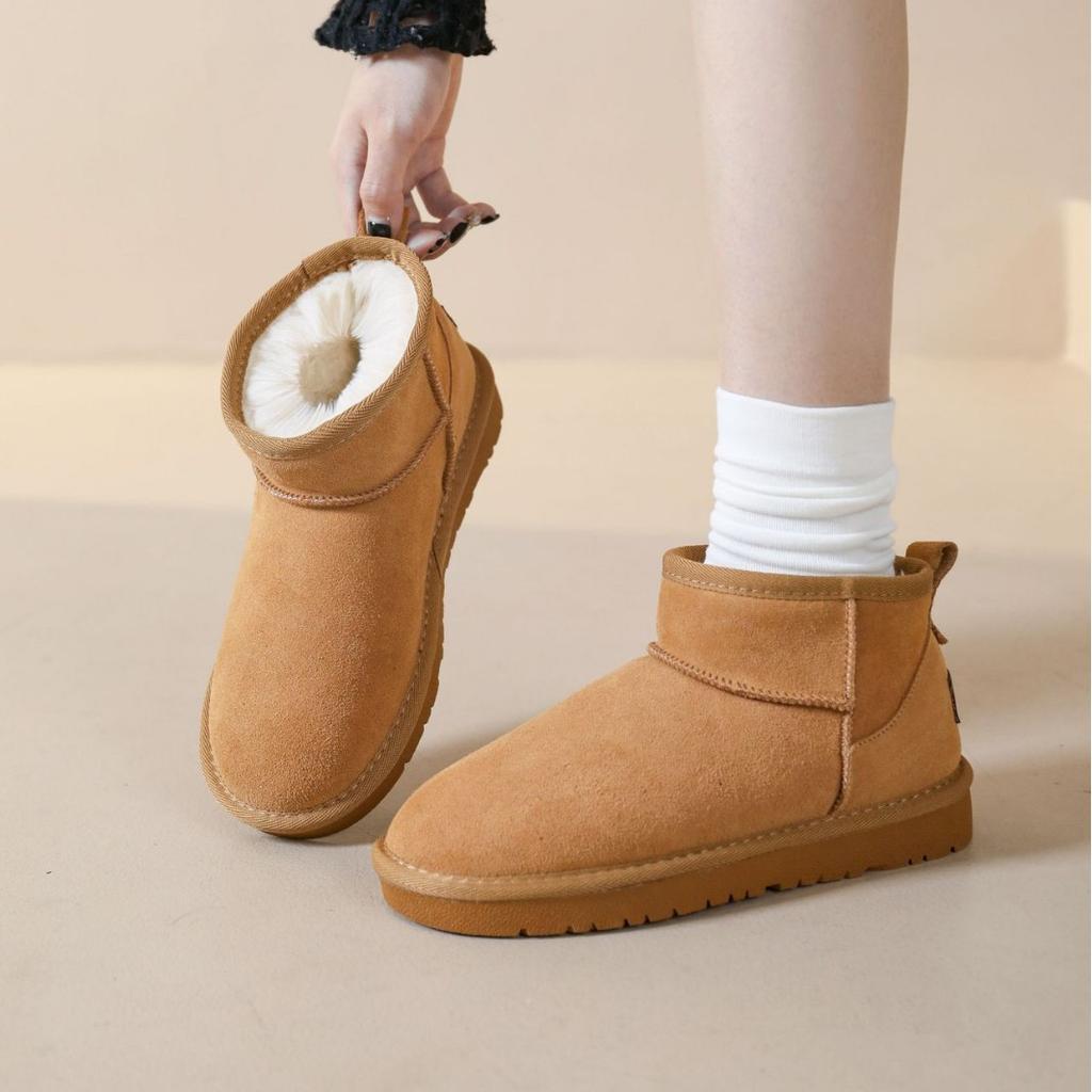 Women's Leather Large Size Thick Sole Winter Warm Fur Snow Boots Padded Lined Ankle Boots Non-slip Hiking Sports Cotton Boots