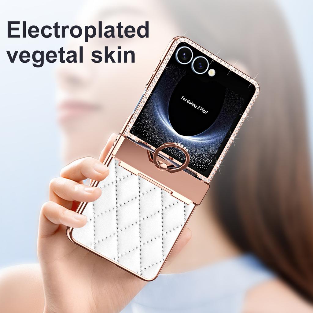 For Samsung Galaxy Z Flip 7 Electroplated Leather Textured Glitter Diamond with Ring Hanging Anti-Fingerprint Phone Case