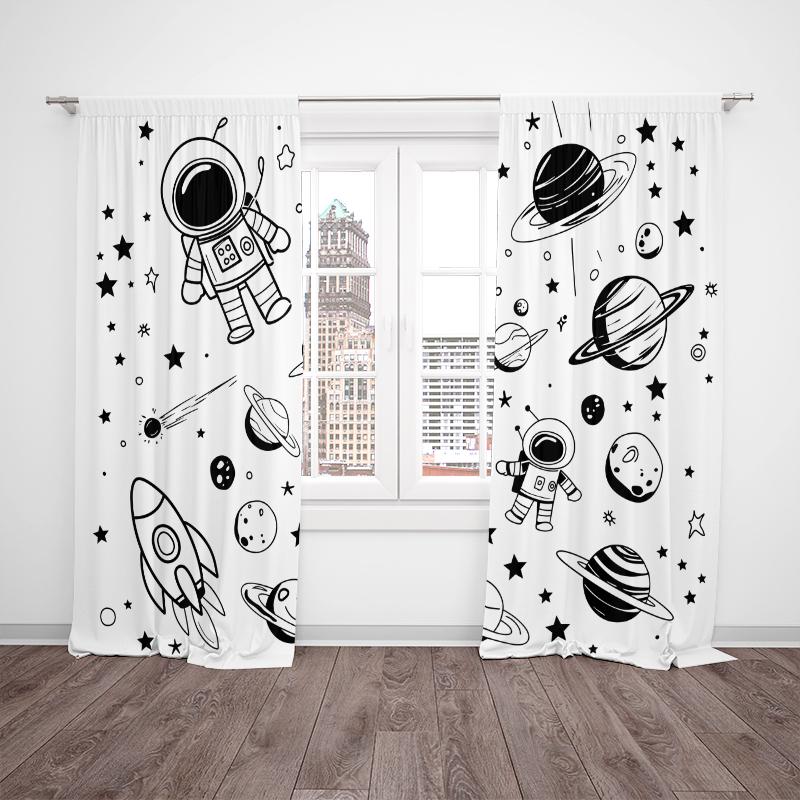 Astronaut Rocket -2 pieces - Printed curtain, 100% polyester, suitable for home decor (excluding rods)
