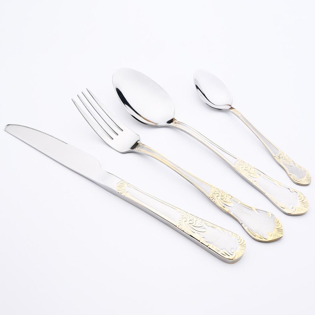 16Pcs Vintage Carved Gold Cutlery Set Western Stainless Steel Dinnerware 4 Colors Flatware Spoon Knife Fork Tableware Kitchen Silverware