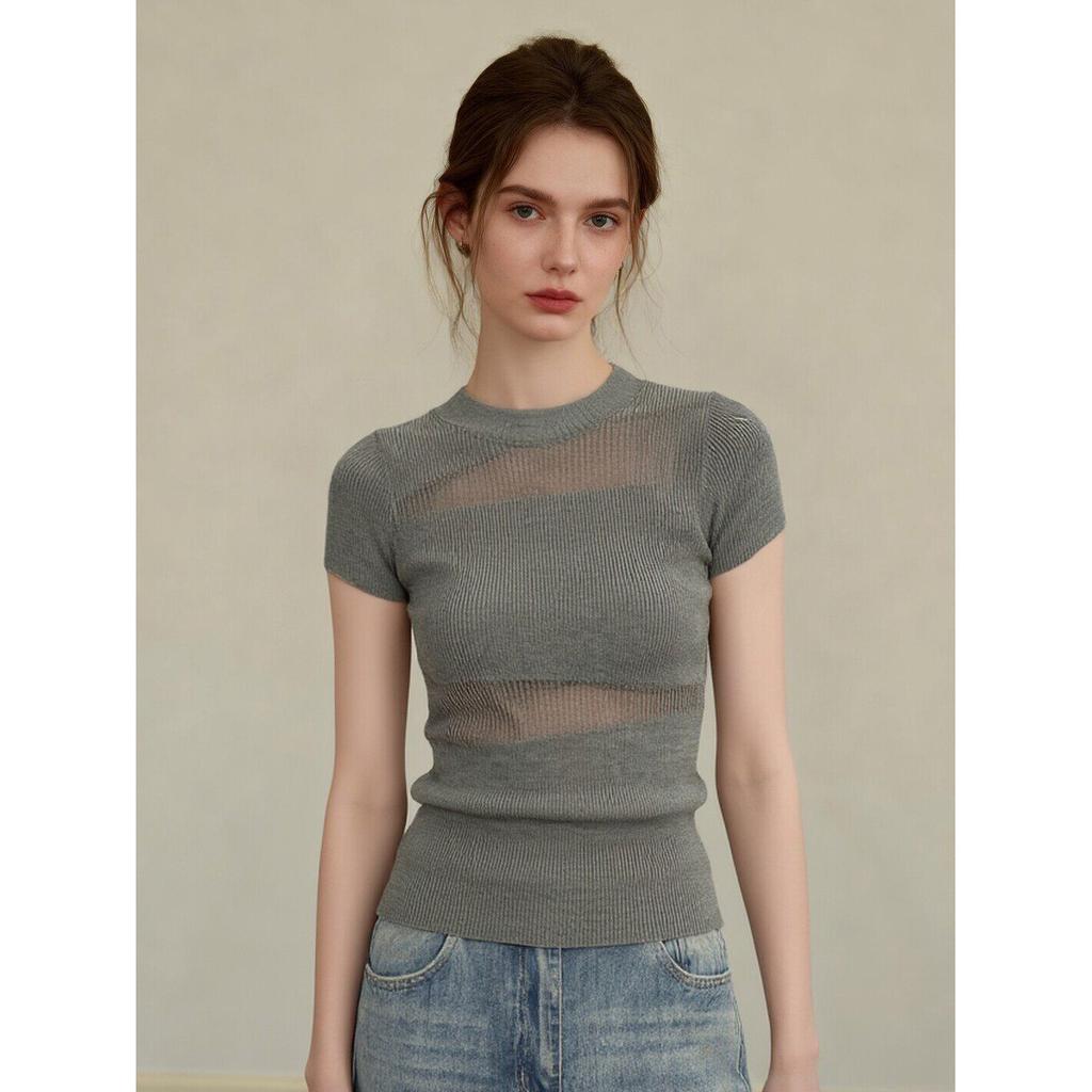 French gray hollow ice silk short-sleeved knitted T-shirt women's summer spice girl micro-transparent design sense slim and thin top