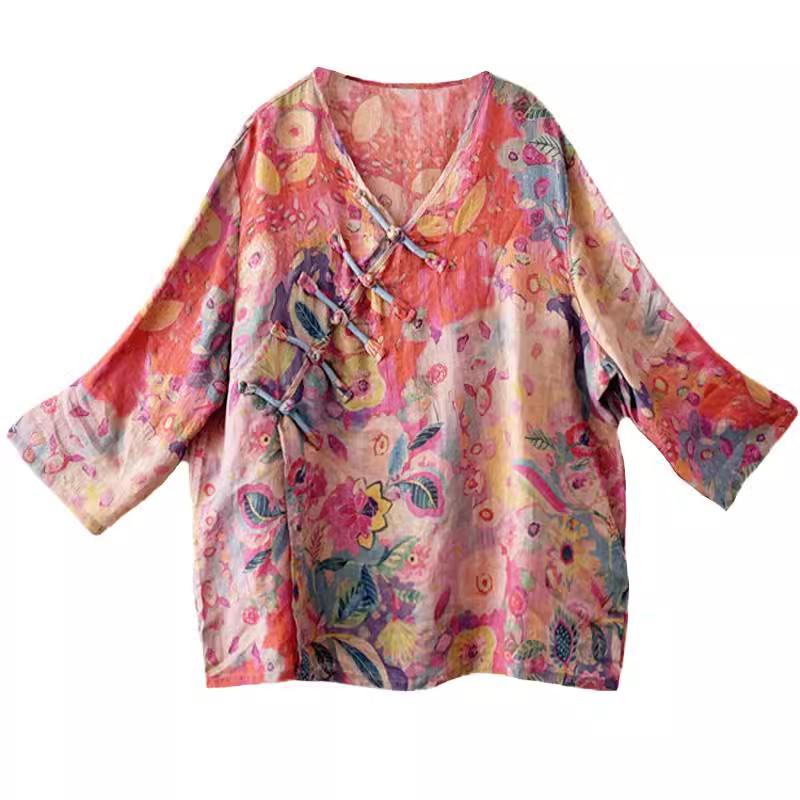Asymmetrical Linen Frog Button Chinese Style Shirt, Spring/Summer 2026, Slimming Three-Quarter Sleeve Pullover.