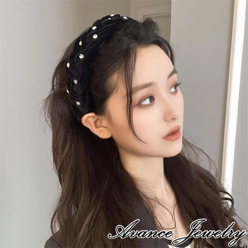 Avance Headband Hairband Cute Popular Hair Accessory Velvet Pearl Black Women's (C)