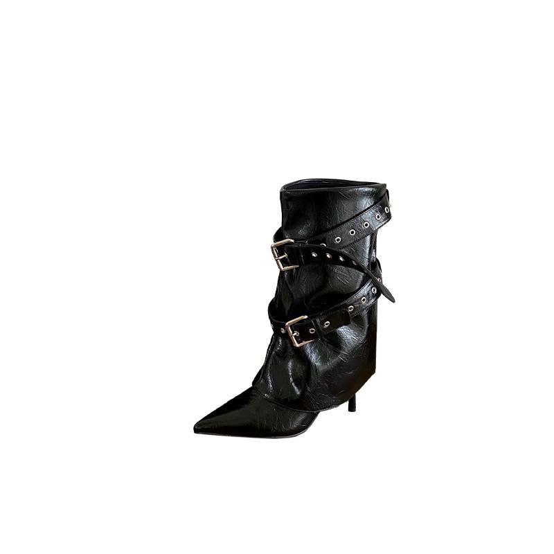 European and American style rivet pointed high-heeled boots women's 2025 new soft leather medium boots thin heel sexy trouser leg boots
