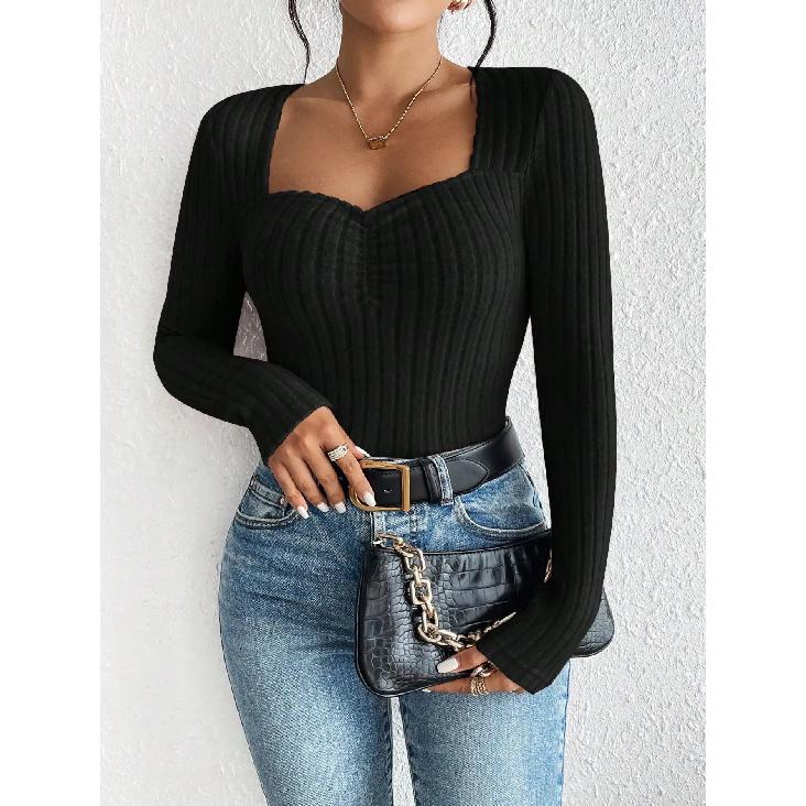 Autumn and winter fashion diamond collar knitted bottom shirt, women s casual long-sleeved tops, knitted long-sleeved T-shirt S чёрный