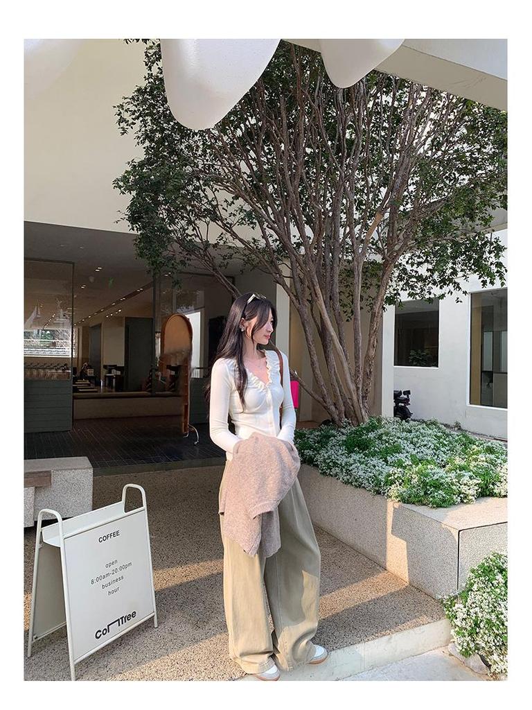 Korean Elegant Ruffle V-Neck Cardigan Women's Slimming Base Layer T-Shirt Top for Autumn/Winter