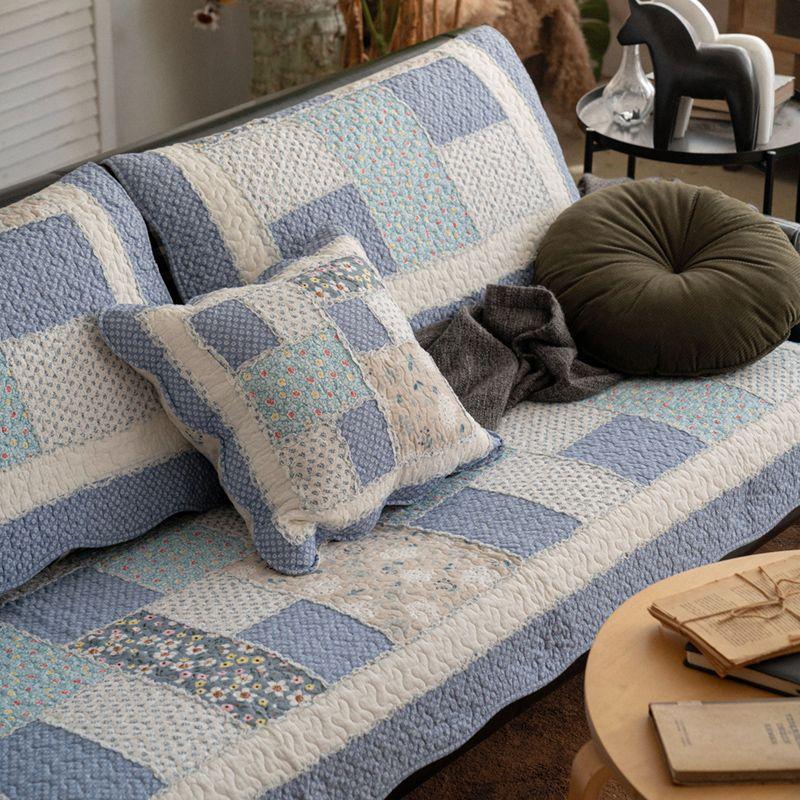 

Four Seasons Cotton Pastoral Block Sofa Cushion Fabric Three-Person Combination Non-Slip Fresh Sofa Cover Towel Machine Washable Blue 50*50cm pillow case without core