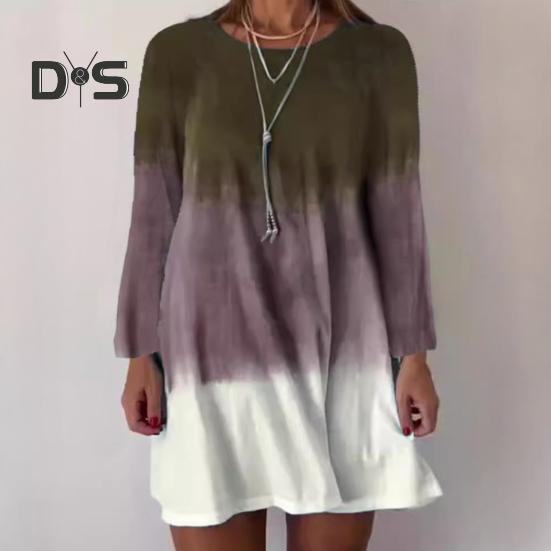 Women's Long Sleeve Dress Gradient Color Printed Dress Loose Fit Round Neck Pullover Dress for Daily Work Parties