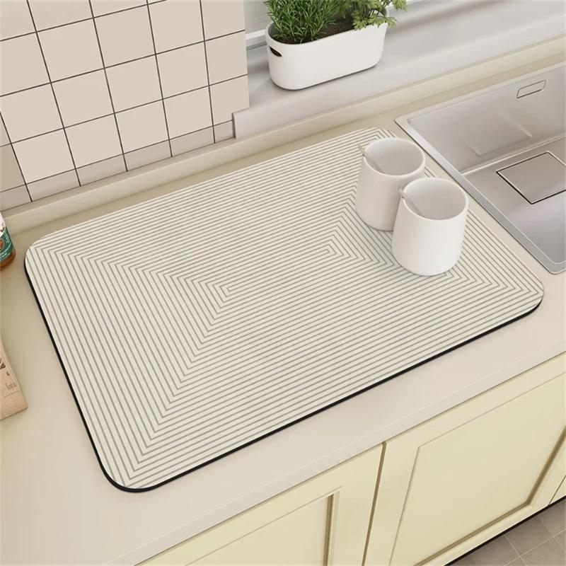 Coffee Machine Drain Mat Kitchen Countertop Cup Absorbent Mat Cream Lines Simple Table Diatomaceous Washable Dry Non-slip Mat