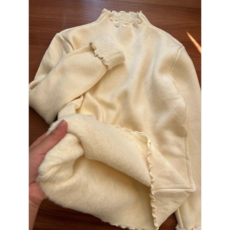 Fungus Edge Fleece Thickened Semi-turtleneck Sweater Women's Spring Soft Waxy Bottoming Shirt Top with Knitted Sweater Inside