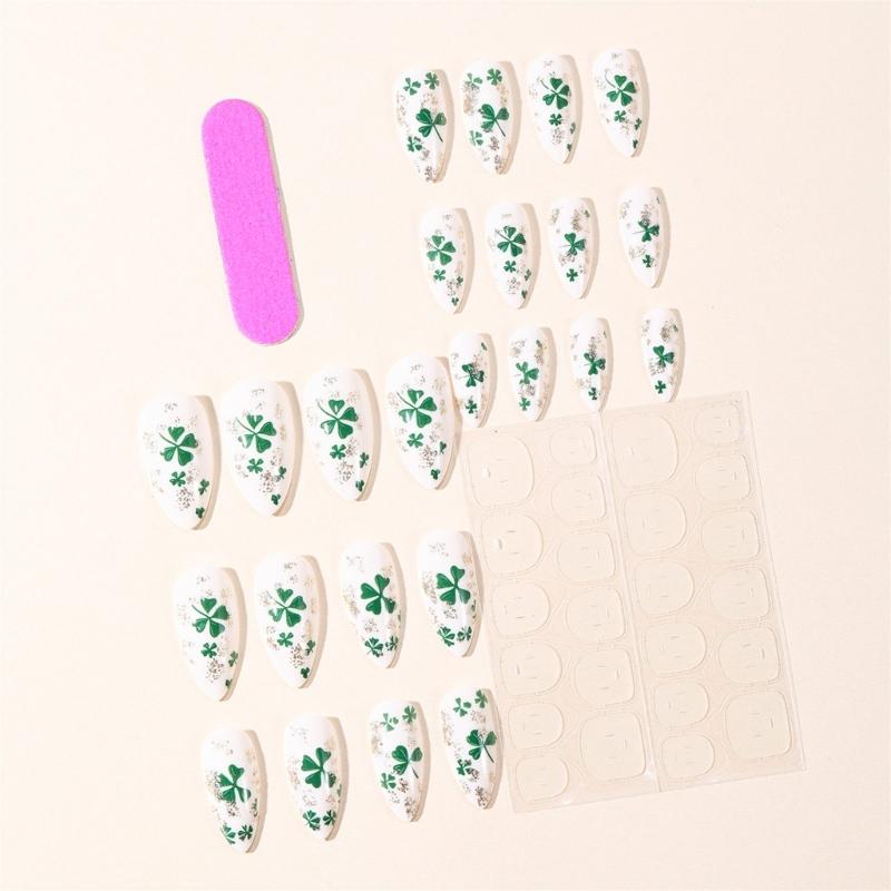 False Nail White Base Short Almond Style With Shamrock Symbol Accent Elegant Look For Work Or Party