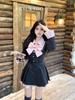 XHSUKADO Long Detachable Cute Striped Faux High Girly Student Size M Women's Korean-style Dress, Sleeves, Belt, Ribbon, Pattern, Pleated, Layered,