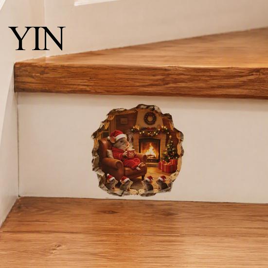 Christmas Mouse Wall Decals Hole Sticker, Decal, Self Adhesive Indoor Decor Cute Mice Sticker for Living Room Bedroom Nursery Festive Staircase Corner