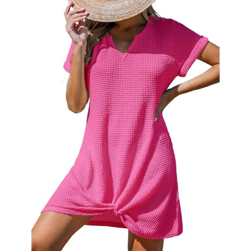 JPNTKY Women's Fashion Summer Spring Solid Color Print V-Neck Short Sleeve Casual Dresses