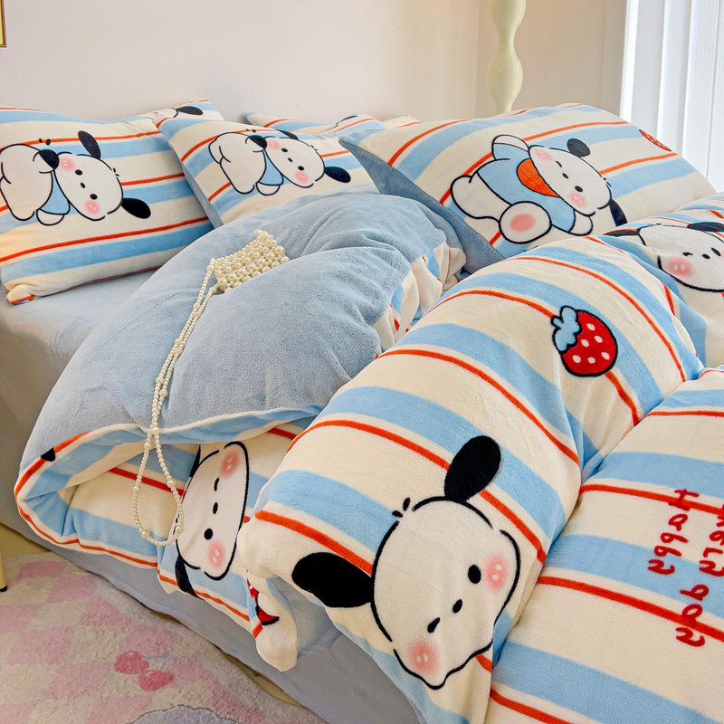 Thickened Milk Fleece Four-Piece Set Double-Sided Coral Flange Fleece Bed Sheet Quilt Cover Three-Piece Set Of Bed Hat