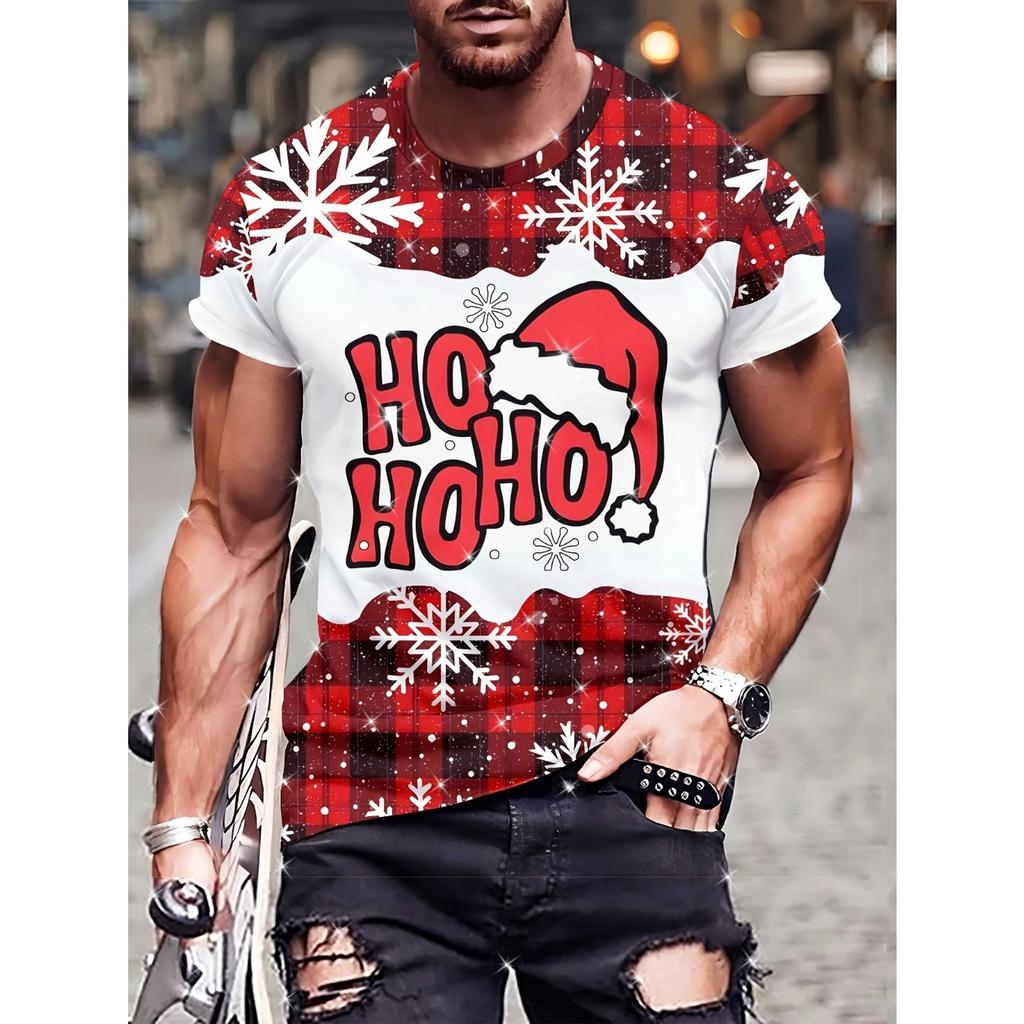 Weihnachtselement T-Shirt für Herren Lustiger Weihnachtsmann 3D-Druck Kurzarm T-Shirt Sommer Casual Rundhals Oversized Herrenbekleidung Top
