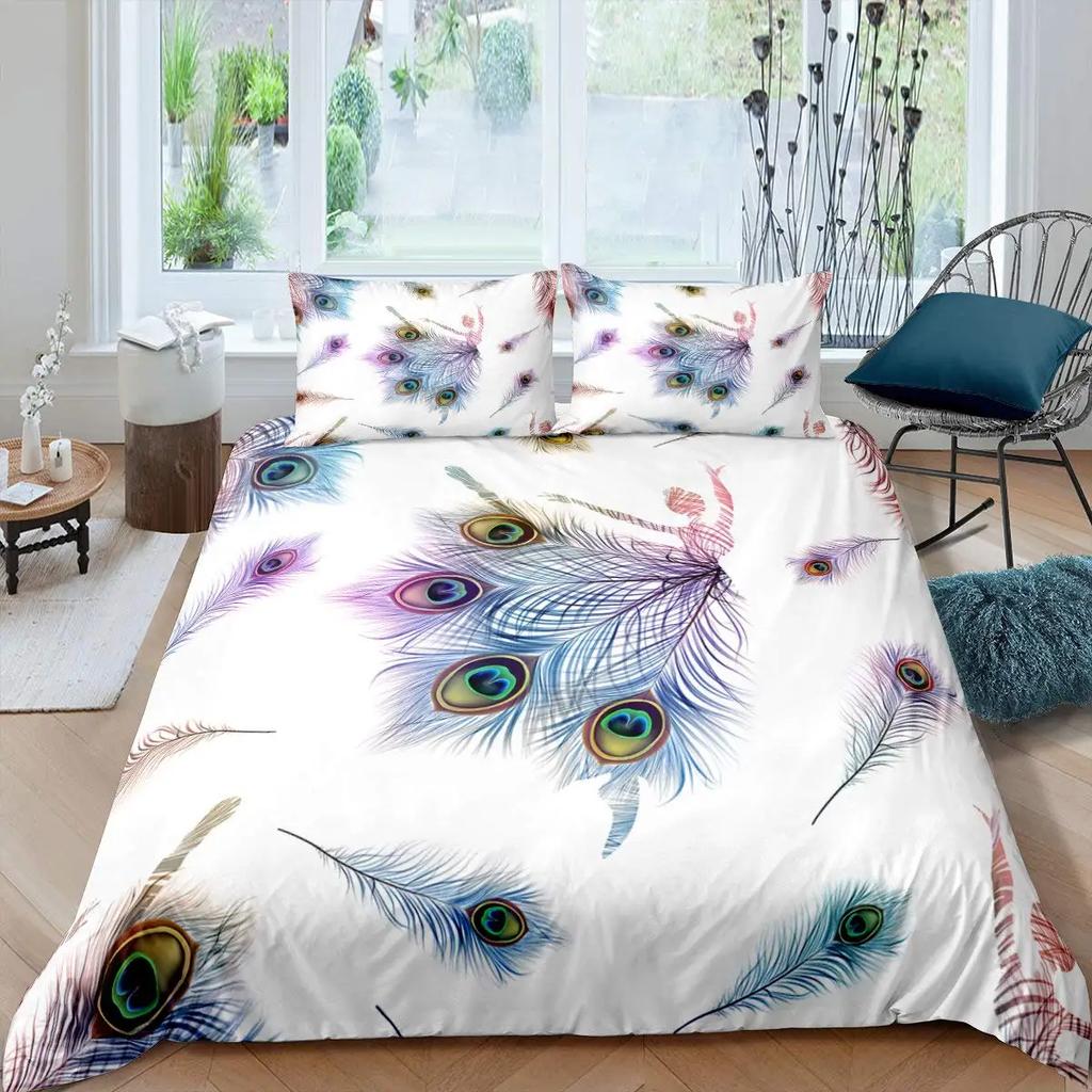 Peacock Feather Duvet Cover Set Full Queen Size Birds Feather Bedding Sets Chic Fantasy Peacock Feathers Comforter Cover 3 Pcs