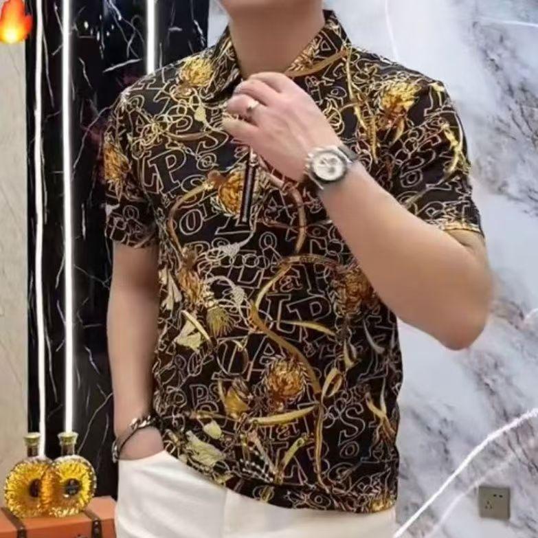 2025 Summer New Short Sleeve Men's Casual Trendy Printed High Elasticity Non-Iron Shirt Men's Zipper Short Sleeve
