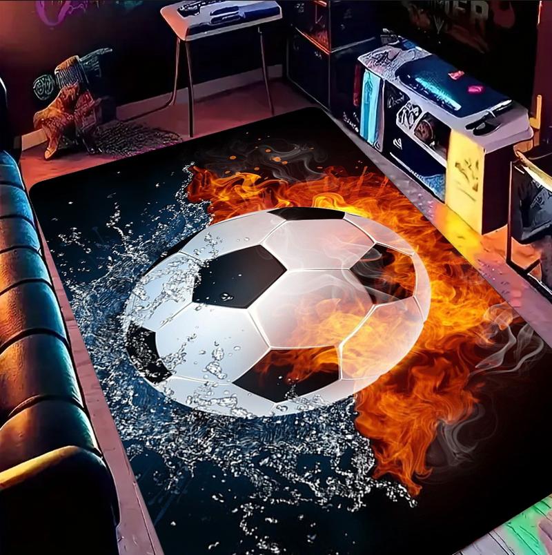 Flame Halo Soccer Ball Pattern Area Rug Dynamic Sports Style Non-Slip Floor Mat for Living Rooms Game Spaces