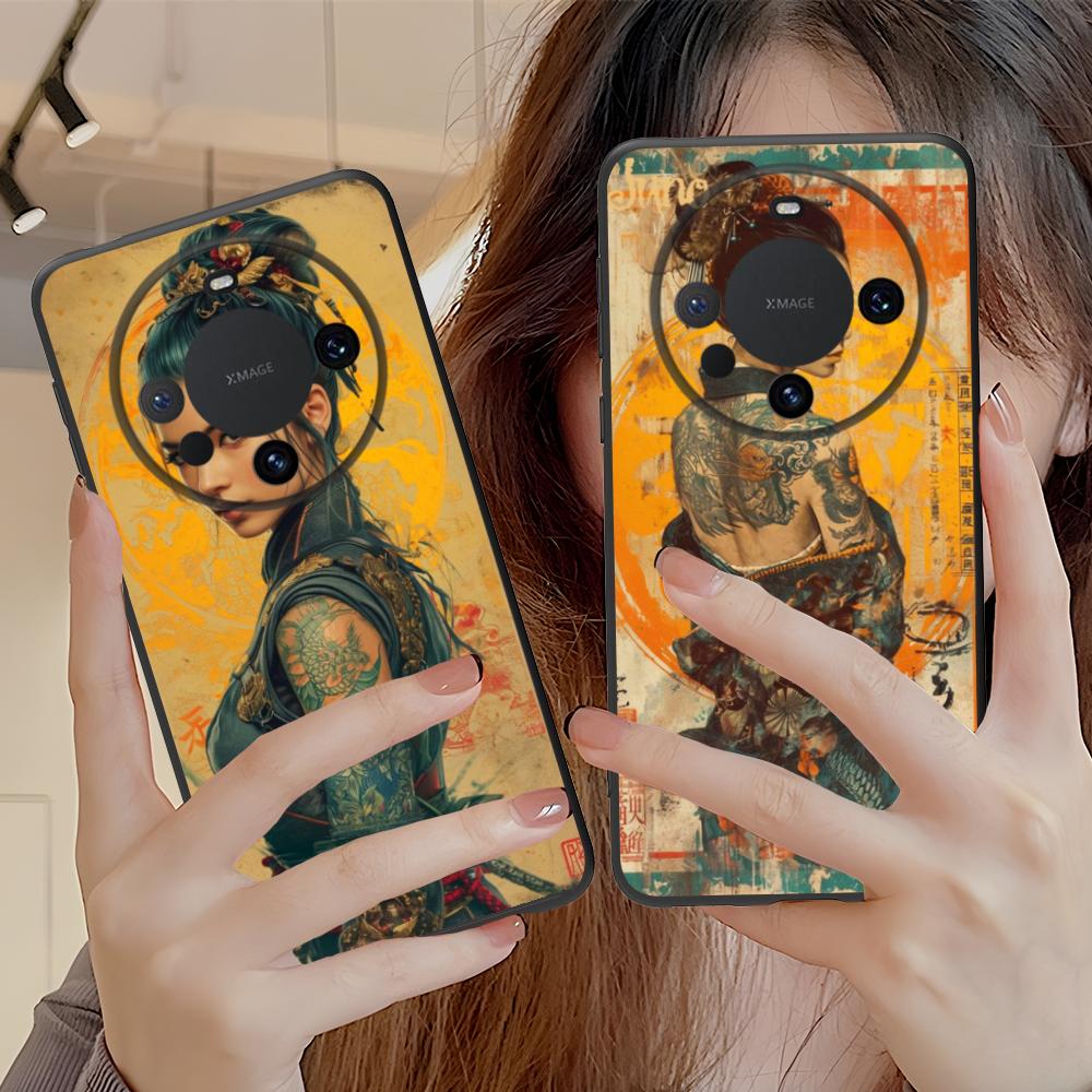 Retro Tattoo Girl Mobile Phone Case for Huawei Mate 60 50 40 30 20 10 Pro Plus Lite E 5G Colorful Printing Cover Luxury Cover
