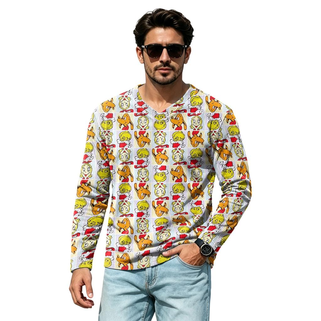 Men's Casual Street Loose Fit V-Neck Christmas Print Shirt