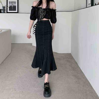 Elegant Summer Black Thin Package Hip Elastic Open Fork Fishtail Skirt Ruffled Temperament Female Versatile Comfortable Fashion Denim Bustier Skirt