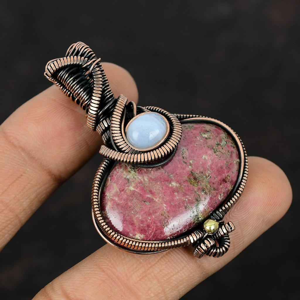 Thulite Pendant Copper Wire Wrapped Jewelry Blue Lace Agate Pendant Handmade Copper Pendant Gemstone Jewelry Gift For Mom Wire Wrap Pendant