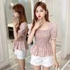 Women's Puff Sleeve Chiffon Shirt Off Shoulder Square Neck T-Shirt Slim Fit Women's Floral Top  Womens Blouses