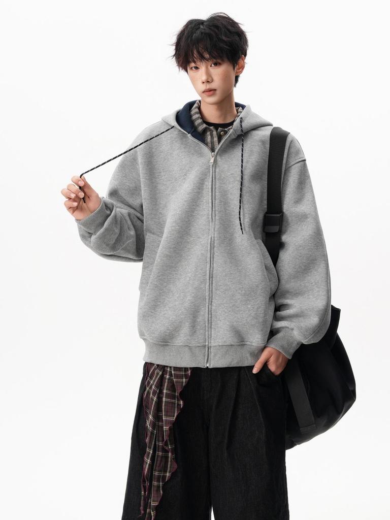Unisex American Heavyweight Colorblock Hoodie, Trendy Loose College Style Zippered Jacket for Spring & Autumn.